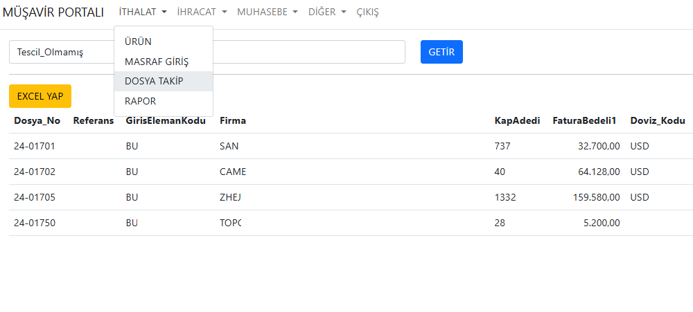 Portal müşteri tescil olmamış liste