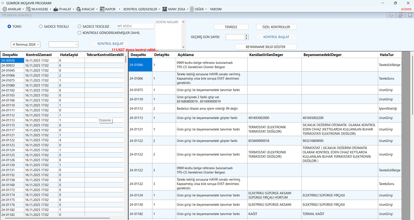 Otomatik gümrük beyanname kontrolü